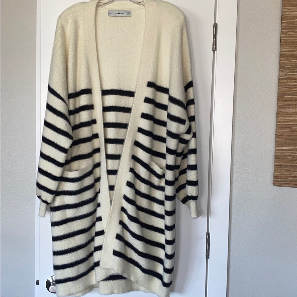 Zara Black Ivory Softest Plush Cozy Striped Long Cardigan Oversized S NWOT